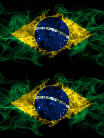 Brazil, Brazilian vs Brazil, Brazilian smoky mystic flags placed side by side. Thick colored silky abstract smoke flags.の写真素材