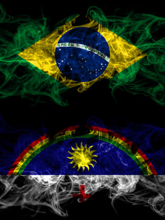 Brazil, Brazilian vs Brazil, Brazilian, Pernambuco smoky mystic flags placed side by side. Thick colored silky abstract smoke flags.の写真素材