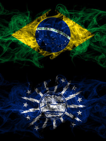 Brazil, Brazilian vs United States of America, America, US, USA, American, Buffalo, New York smoky mystic flags placed side by side. Thick colored silky abstract smoke flags.の写真素材