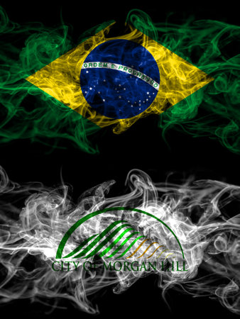 Brazil, Brazilian vs United States of America, America, US, USA, American, Morgan Hill, California smoky mystic flags placed side by side. Thick colored silky abstract smoke flags.の写真素材