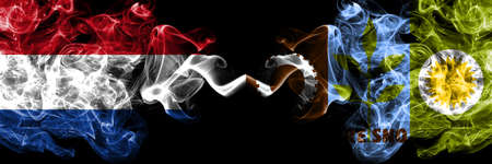 Netherlands vs United States of America, America, US, USA, American, Fresno, California smoky mystic flags placed side by side. Thick colored silky abstract smoke flags.の写真素材