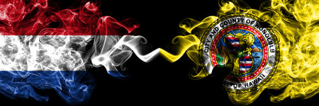 Netherlands vs United States of America, America, US, USA, American, Honolulu, Hawaii smoky mystic flags placed side by side. Thick colored silky abstract smoke flags.の写真素材