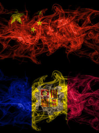 China, Chinese vs Andorra, Andorran smoky mystic flags placed side by side. Thick colored silky abstract smoke flags.の写真素材