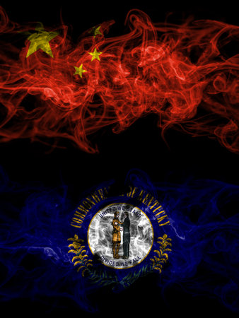 China, Chinese vs United States of America, America, US, USA, American, Kentucky smoky mystic flags placed side by side. Thick colored silky abstract smoke flags.の写真素材