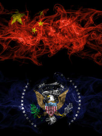 China, Chinese vs United States of America, America, US, USA, American, President smoky mystic flags placed side by side. Thick colored silky abstract smoke flags.の写真素材