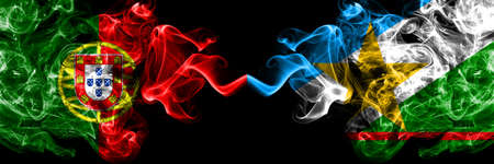 Portugal, Portuguese vs Brazil, Brazilian, Roraima smoky mystic flags placed side by side. Thick colored silky abstract smoke flags.の写真素材