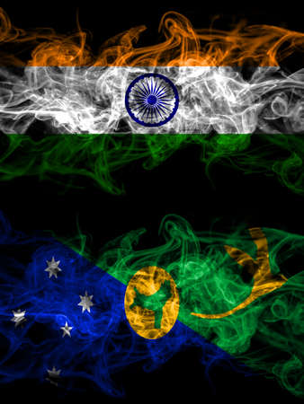 India, Indian vs Australia, Australian, Christmas Island smoky mystic flags placed side by side. Thick colored silky abstract smoke flags.の写真素材