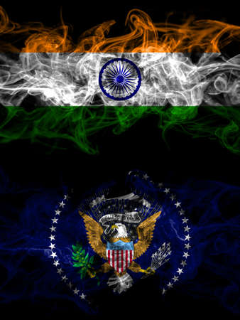 India, Indian vs United States of America, America, US, USA, American, President smoky mystic flags placed side by side. Thick colored silky abstract smoke flags.の写真素材