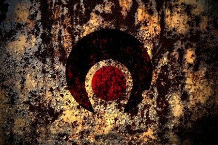 Japan, Japanese, Kagoshima Prefecture flag on grunge metal background texture with scratches and cracksの写真素材