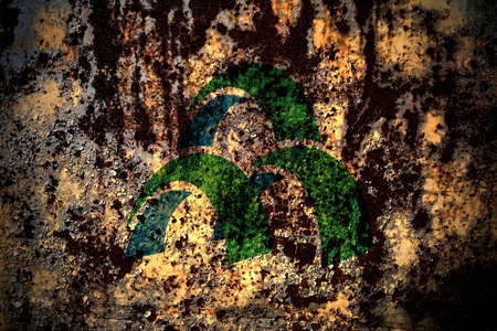 Japan, Japanese, Mori, Hokkaido, Oshima, Subprefecture flag on grunge metal background texture with scratches and cracksの写真素材