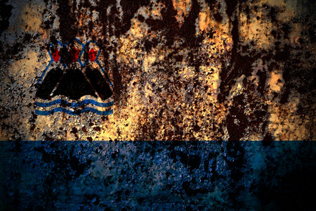 Russia, Russian, Kamchatka Oblast flag on grunge metal background texture with scratches and cracksの写真素材