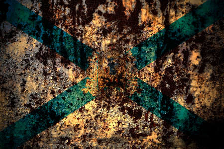 Russia, Arkhangelsk Oblast flag on grunge metal background texture with scratches and cracksの写真素材
