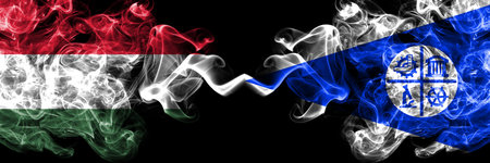 Hungary, Hungarian vs United States of America, America, US, USA, American, Minneapolis, Minnesota smoky flags side by side.の写真素材