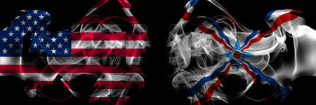 United States of America vs Assyria smoke flags placed side by sideの写真素材