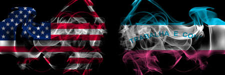 United States of America vs Brazil, Brazilian, Espirito Santo smoke flags placed side by sideの写真素材