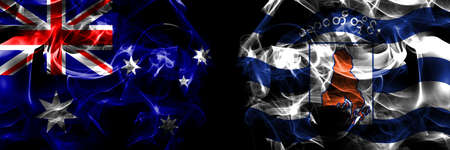 Flags of Australia, Australian vs Myanmar, Ayeyarwaddy Division. Smoke flag placed side by side on black background.の写真素材