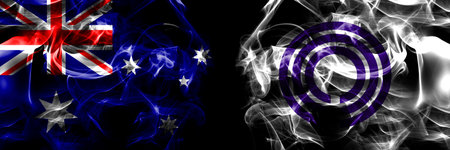 Flags of Australia, Australian vs Japan, Japanese, Kawasaki, Kanagawa. Smoke flag placed side by side on black background.の写真素材