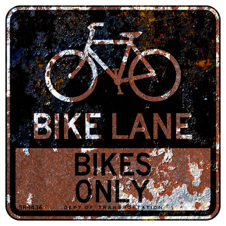 Old rusty American road sign - Bike lane, bikes only, New York Cityの写真素材