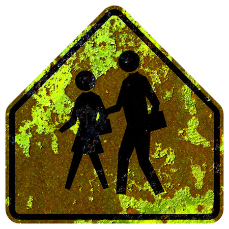 Old rusty American road sign - School advance (also used for pedestrian crosswalk near schools)