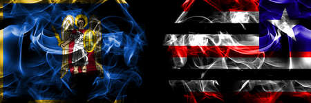 Kyiv, Kiev vs Brazil, Brazilian, Maranhao flag. Smoke flags placed side by side isolated on black background.の写真素材