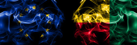 Flags of EU, European Union vs Benin, Beninese. Smoke flag placed side by side on black background.の写真素材