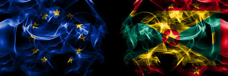 Flags of EU, European Union vs Grenada. Smoke flag placed side by side on black background.の写真素材
