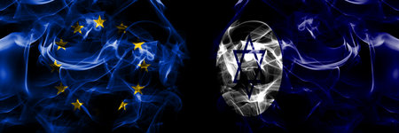Flags of EU, European Union vs Israel, Civil Ensign. Smoke flag placed side by side on black background.の写真素材