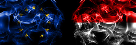 Flags of EU, European Union vs Germany Hesse, civil, region. Smoke flag placed side by side on black background.の写真素材