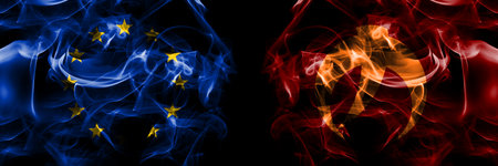 Flags of EU, European Union vs Japan, Japanese, Naie, Hokkaido, Sorachi, Subprefecture. Smoke flag placed side by side on black background.の写真素材
