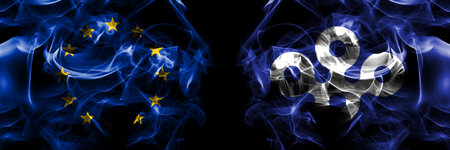 Flags of EU, European Union vs Japan, Japanese, Osaka Prefecture. Smoke flag placed side by side on black background.の写真素材