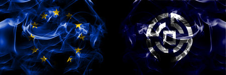 Flags of EU, European Union vs Japan, Japanese, Kushiro, Town, Hokkaido, Kushiro, Subprefecture. Smoke flag placed side by side on black background.の写真素材