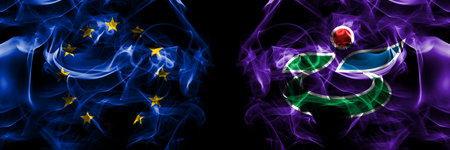 Flags of EU, European Union vs Japan, Japanese, Hidaka, Hokkaido, Hidaka, Subprefecture. Smoke flag placed side by side on black background.の写真素材