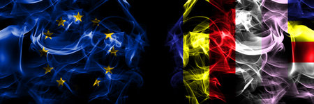 Flags of EU, European Union vs Myanmar, Burmese, buddhist. Smoke flag placed side by side on black background.の写真素材