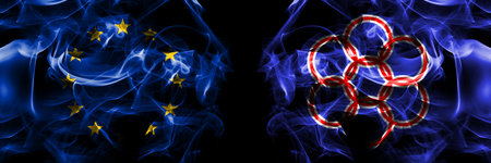 Flags of EU, European Union vs Japan, Japanese, Nanae, Hokkaido, Oshima, Subprefecture. Smoke flag placed side by side on black background.の写真素材