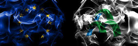 Flags of EU, European Union vs Japan, Japanese, Mori, Hokkaido, Oshima, Subprefecture. Smoke flag placed side by side on black background.の写真素材