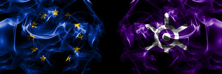 Flags of EU, European Union vs Japan, Japanese, Tokyo Prefecture. Smoke flag placed side by side on black background.の写真素材