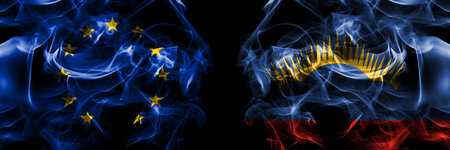 Flags of EU, European Union vs Russia, Russian, Murmansk Oblast. Smoke flag placed side by side on black background.の写真素材