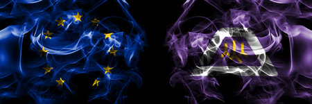 Flags of EU, European Union vs Japan, Japanese, Yamanashi Prefecture. Smoke flag placed side by side on black background.の写真素材