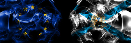 Flags of EU, European Union vs Russia, Arkhangelsk Oblast. Smoke flag placed side by side on black background.の写真素材