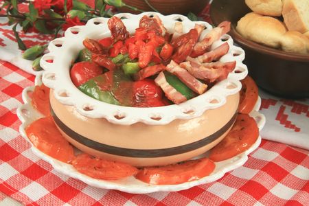 Sausages, bacon and vegetablesの写真素材