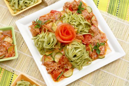 Meat with vegetables and pasta 3の写真素材