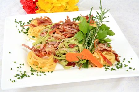 A serving of fresh and delicious pasta with bacon and ham 2の写真素材