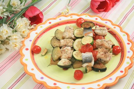 Fish kebabs with vegetablesの写真素材