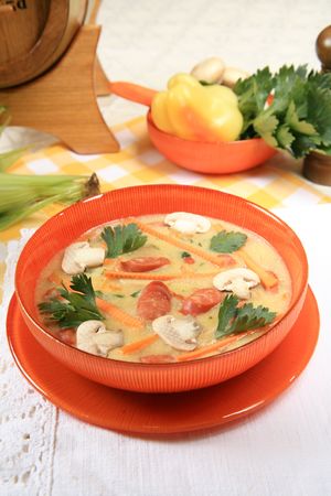 Vegetable soup with mushrooms and sausages 2の写真素材