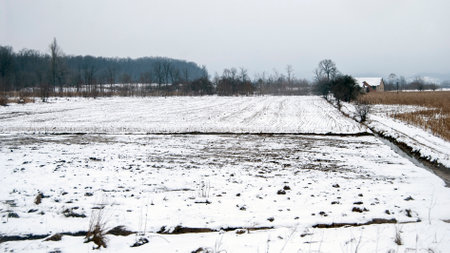 Winter panorama of the Jadar river valley in western Serbia near the town of Loznica.の写真素材