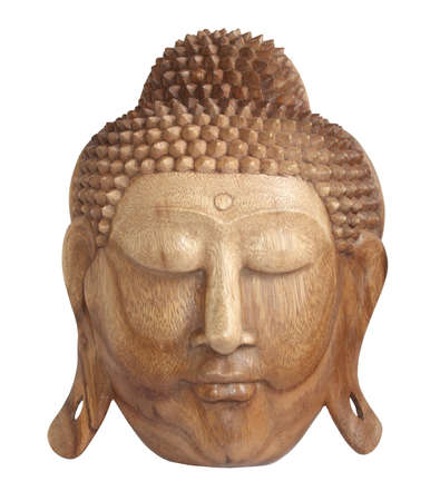 Wooden mask buddha from island Bali on a white backgroundの写真素材