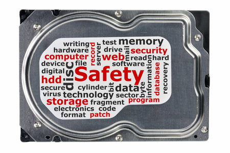 Close-up of a hard disk on a white background, data saving concept 