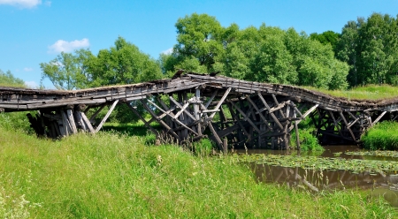 Old ruined wooden bridge over a small riverの写真素材