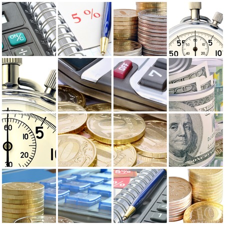 A collage of photos on the subject of business, time and moneyの写真素材