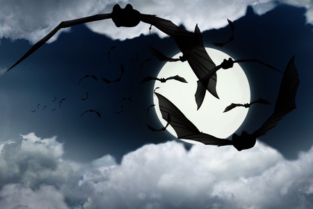 A flock of bats and clouds on a moonlit nightの写真素材